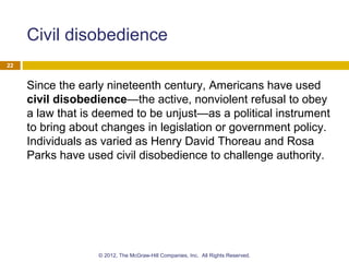Civil disobedience
Since the early nineteenth century, Americans have used
civil disobedience—the active, nonviolent refusal to obey
a law that is deemed to be unjust—as a political instrument
to bring about changes in legislation or government policy.
Individuals as varied as Henry David Thoreau and Rosa
Parks have used civil disobedience to challenge authority.
22
© 2012, The McGraw-Hill Companies, Inc. All Rights Reserved.
 