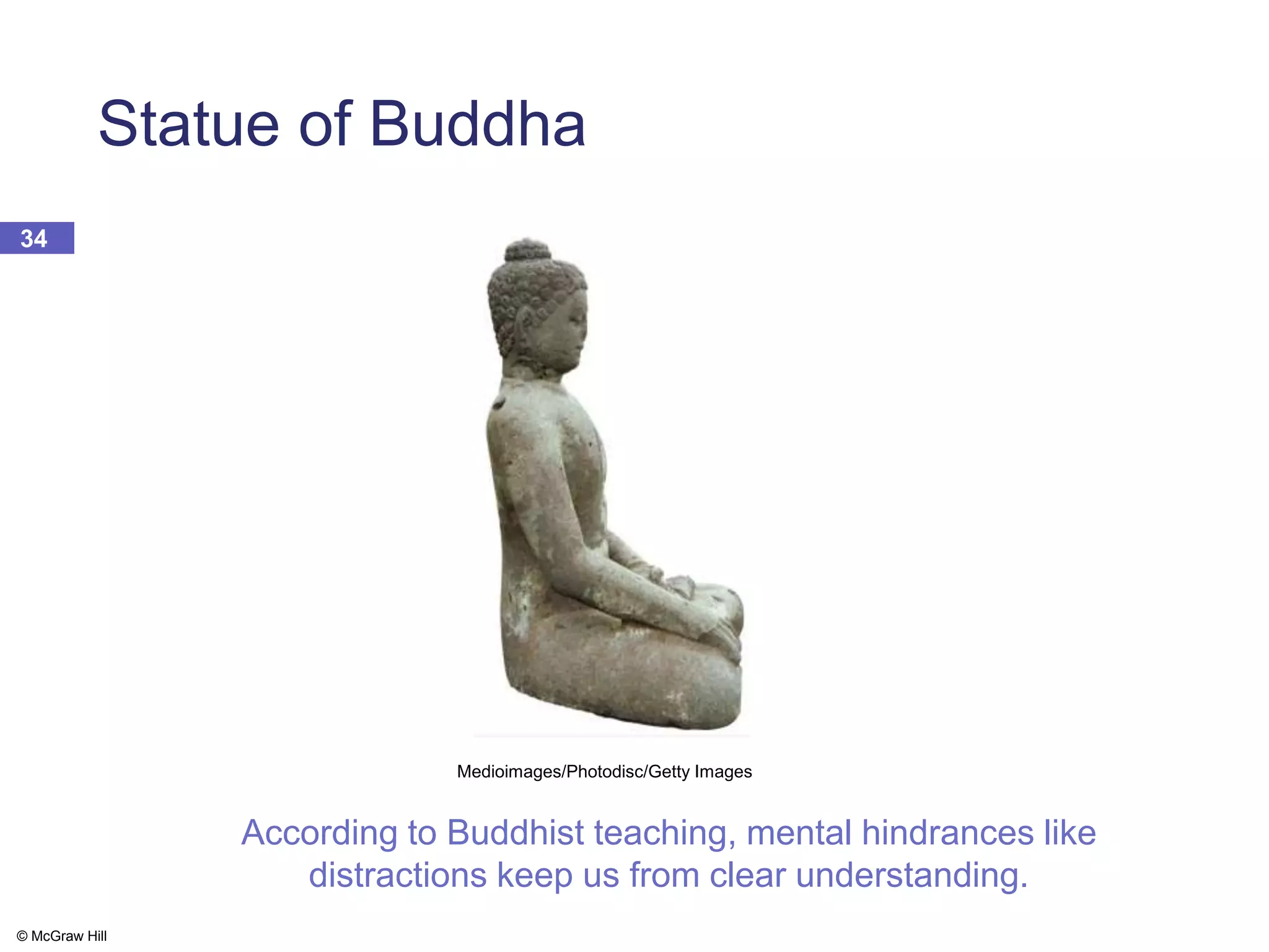 © McGraw Hill
34
Statue of Buddha
Medioimages/Photodisc/Getty Images
According to Buddhist teaching, mental hindrances like
distractions keep us from clear understanding.
 