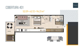 Cobertura 401
52,09 + 42,12 = 94,21m²
 