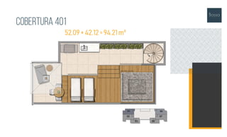 Cobertura 401
52,09 + 42,12 = 94,21m²
 