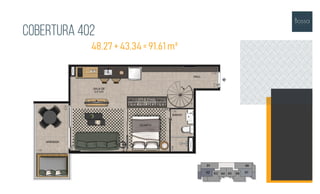 Cobertura 402
48,27 + 43,34= 91,61 m²
 