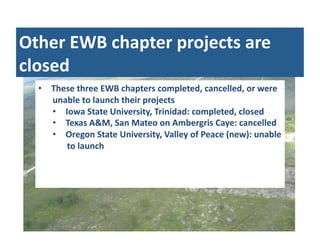 Other	
  EWB	
  chapter	
  projects	
  are	
  
closed	
  
•  These	
  three	
  EWB	
  chapters	
  completed,	
  cancelled,...