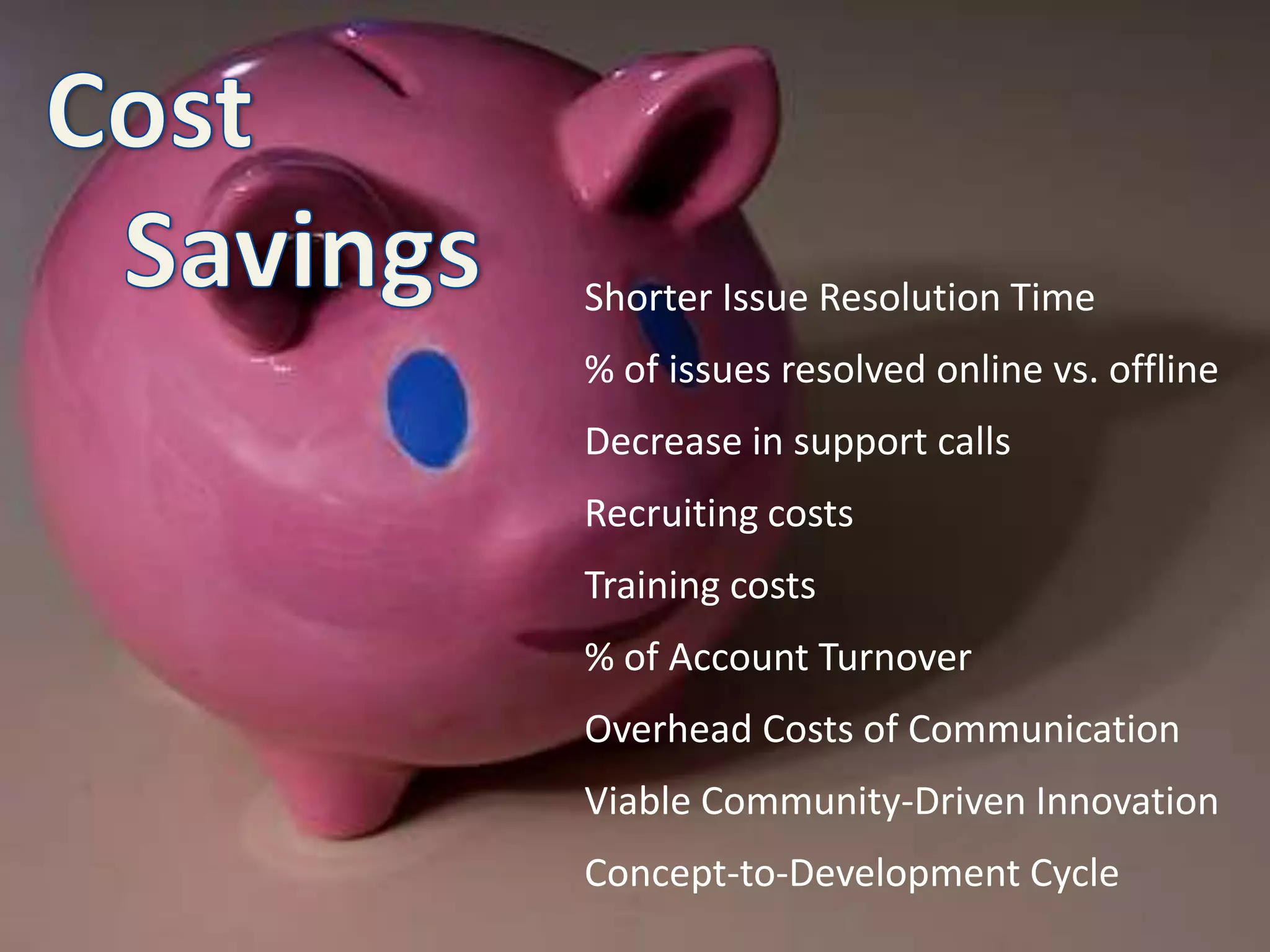Cost    SavingsShorter Issue Resolution Time% of issues resolved online vs. offlineDecrease in support callsRecruiting costs Training costs% of Account TurnoverOverhead Costs of CommunicationViable Community-Driven InnovationConcept-to-Development Cycle