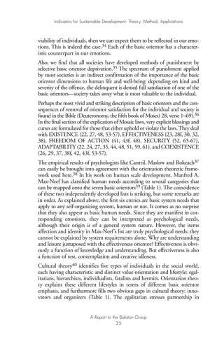 viability of individuals, then we can expect them to be reflected in our emo-
tions. This is indeed the case.34 Each of the basic orientor has a character-
istic counterpart in our emotions.
Also, we find that all societies have developed methods of punishment by
selective basic orientor deprivation.35 The spectrum of punishment applied
by most societies is an indirect confirmation of the importance of the basic
orientor dimensions to human life and well-being: depending on kind and
severity of the offence, the delinquent is denied full satisfaction of one of the
basic orientors—society takes away what is most valuable to the individual.
Perhaps the most vivid and striking description of basic orientors and the con-
sequences of removal of orientor satisfaction for the individual and society is
found in the Bible (Deuteronomy, the fifth book of Moses) 28, verse 1–69).36
In the final section of the explication of Mosaic laws, very explicit blessings and
curses are formulated for those that either uphold or violate the laws.They deal
with EXISTENCE (22, 27, 48, 53-57), EFFECTIVENESS (23, 28f, 30, 32,
38), FREEDOM OF ACTION (41, 43f, 48), SECURITY (52, 65-67),
ADAPTABILITY (22, 24, 27, 35, 44, 48, 51, 59, 61), and COEXISTENCE
(26, 29, 37, 38f, 42, 43f, 53-57).
The empirical results of psychologists like Cantril, Maslow and Rokeach37
can easily be brought into agreement with the orientation theoretic frame-
work used here.38 In his work on human scale development, Manfred A.
Max-Neef has classified human needs according to several categories that
can be mapped onto the seven basic orientors39 (Table 1). The coincidence
of these two independently developed lists is striking, but some remarks are
in order. As explained above, the first six entries are basic system needs that
apply to any self-organizing system, human or not. It comes as no surprise
that they also appear as basic human needs. Since they are manifest in cor-
responding emotions, they can be interpreted as psychological needs,
although their origin is of a general system nature. However, the items
affection and identity in Max-Neef’s list are truly psychological needs; they
cannot be explained by system requirements alone. Why are understanding
and leisure juxtaposed with the effectiveness orientor? Effectiveness is obvi-
ously a function of knowledge and understanding. But effectiveness is also
a function of rest, contemplation and creative idleness.
Cultural theory40 identifies five types of individuals in the social world,
each having characteristic and distinct value orientation and lifestyle: egal-
itarians, hierarchists, individualists, fatalists and hermits. Orientation theo-
ry explains these different lifestyles in terms of different basic orientor
emphasis, and furthermore fills two obvious gaps in cultural theory: inno-
vators and organizers (Table 1). The egalitarian stresses partnership in
Indicators for Sustainable Development: Theory, Method, Applications
A Report to the Balaton Group
35
Ind for SD - Balaton 12/21/98 4:20 PM Page 35
 
