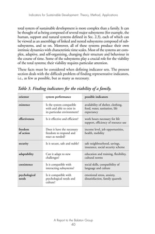 total system of sustainable development is more complex than a family. It can
be thought of as being composed of several major subsystems (for example, the
human, support and natural systems defined in Sec. 2.3), each of which can
be viewed as an assemblage of linked and nested subsystems composed of sub-
subsystems, and so on. Moreover, all of these systems produce their own
intrinsic dynamics with characteristic time scales. Most of the systems are com-
plex, adaptive, and self-organizing, changing their structure and behaviour in
the course of time. Some of the subsystems play a crucial role for the viability
of the total systems; their viability requires particular attention.
These facts must be considered when defining indicator sets. The present
section deals with the difficult problem of finding representative indicators,
i.e., as few as possible, but as many as necessary.
Table 3. Finding indicators for the viability of a family.
orientor system performance possible indicators
existence Is the system compatible availability of shelter, clothing,
with and able to exist in food, water, sanitation, life
its particular environment? expectancy
effectiveness Is it effective and efficient? work hours necessary for life
support, efficiency of resource use
freedom Does it have the necessary income level, job opportunities,
of action freedom to respond and health, mobility
react as needed?
security Is it secure, safe and stable? safe neighbourhood, savings,
insurance, social security scheme
adaptability Can it adapt to new education and training, flexibility,
challenges? cultural norms
coexistence Is it compatible with social skills, compatibility of
interacting subsystems? language and culture
psychological Is it compatible with emotional stress, anxiety,
needs psychological needs and dissatisfaction, family quarrels
culture?
Indicators for Sustainable Development: Theory, Method, Applications
A Report to the Balaton Group
40
Ind for SD - Balaton 12/21/98 4:20 PM Page 40
 