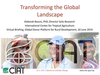 www.ciat.cgiar.orgSince 1967 / Science to cultivate change
Transforming the Global
Landscape
Deborah Bossio, PhD, Director Soils Research
International Center for Tropical Agriculture
Virtual Briefing, Global Donor Platform for Rural Development, 10 June 2014
 
