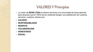 VALORES Y Principios
 La visión de BOSS LTDA es ofrecer servicios a la comunidad de hacer jabones
para alcanzar que el 100% de los visitantes tengan una satisfacción de nuestros
servicios, nuestros valores son:
 CALIDAD
 RESPONSABILIDAD
 RESPETO
 COLABORACION
 HONESTIDAD
 SOCIAL
 