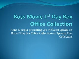 Apna-Siraspur presenting you the latest update on
Boss 1st Day Box Office Collection or Opening Day
Collection

 