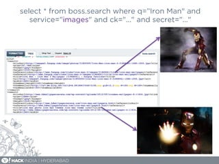 select * from boss.search where q=”Iron Man" and
service="images" and ck="..." and secret="..."
 