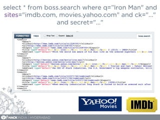 select * from boss.search where q=”Iron Man" and
sites="imdb.com, movies.yahoo.com" and ck="..."
and secret="..."
 