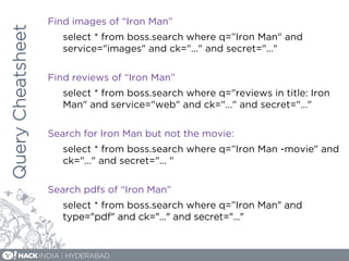 QueryCheatsheet Find images of “Iron Man”
select * from boss.search where q=”Iron Man" and
service="images" and ck="..." and secret="..."
Find reviews of “Iron Man”
select * from boss.search where q="reviews in title: Iron
Man" and service="web" and ck="..." and secret="…"
Search for Iron Man but not the movie:
select * from boss.search where q=”Iron Man -movie" and
ck="..." and secret="... "
Search pdfs of “Iron Man”
select * from boss.search where q=”Iron Man" and
type="pdf" and ck="..." and secret="..."
 