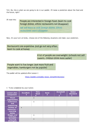 Tch: Ok, this is what we are going to do in our padlet. I’ll make a prediction about the food and
the future, right?
I’ll read this:
Now, it’s your turn at home, choose one of the following situations and make your prediction.
The padlet will be updated after Lesson 1
https://padlet.com/gilda_bosso_22/ep84m4p1ejwo
• To be completed by your tutors:
Lesson plan
component
Excellent
5
Very
Good
4
Good
3
Acceptabl
e
2
Below
Standard
1
Visual
organization
x
Coherence
and
sequencing
x
Variety of
resources –
Learning
styles
x
Stages and
activities
x
Teaching
strategies
x
 