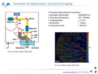 emmanuel.bossy@espci.fr , IHP, 12 février2014
Hu S. et al, Optics Letters 36(7), 2011
• Focused single element transducer
• dual light wavelength : 561&570 nm
• Ultrasound frequency : 30 ─ 70 MHz
• Imaging depth : < 1 mm
• Resolution : ~ 10 µm
• Acquisition time : ~ 80 min
Hu S. et al, Optics Letters 36(7), 2011
Examples of applications: functional imaging
 