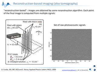 emmanuel.bossy@espci.fr , IHP, 12 février2014A. Funke, JFA, MF, ACB and E. Bossy, Applied Physics Letters 94(5), 2009
Set of raw photoacoustic signals
"reconstruction-based" : images are obtained by some reconstruction algorithm. Each point
of the final image is computed from multiple signals.
Reconstruction-based imaging (also tomography)
 