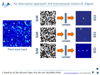 emmanuel.bossy@espci.fr , IHP, 12 février2014
Plane wave input
SLM
CCD
sample
SLM
CCD
sample
SLM
CCD
sample
S. Popoff, GL, RC, MF, ACB and S. Gigan. Phys. Rev. Lett. 104,100601 (2010)
An alternative approach: the transmission matrix (S. Gigan)
 