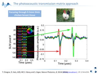 emmanuel.bossy@espci.fr , IHP, 12 février2014
Focusing through 0.5mm thick
chicken breast tissue
The photoacoustic transmission-matrix approach
T. Chaigne, O. Katz, ACB, MF, E. Bossy and S. Gigan, Nature Photonics, 8, 58-64 (2014)
 