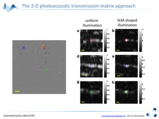emmanuel.bossy@espci.fr , IHP, 12 février2014
The 2-D photoacoustic transmission-matrix approach
uniform
illumination
SLM-shaped
illumination
Submitted (arXiv:1402.0279)
 
