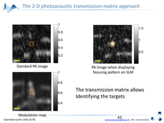 emmanuel.bossy@espci.fr , IHP, 12 février2014
43
Standard PA image
Modulation map
PA image when displaying
focusing pattern on SLM
The transmission matrix allows
Identifying the targets
The 2-D photoacoustic transmission-matrix approach
Submitted (arXiv:1402.0279)
 