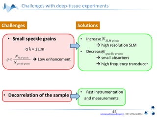 emmanuel.bossy@espci.fr , IHP, 12 février2014
• Increase
 high resolution SLM
• Decrease
 small absorbers
 high frequency transducer
• Fast instrumentation
and measurements
grainsspeckle
pixelsSLM
N
N

pixelsSLMN
grainsspeckleN
45
Challenges Solutions
• Small speckle grains
α λ ≈ 1 μm
 Low enhancement
• Decorrelation of the sample
Challenges with deep-tissue experiments
 