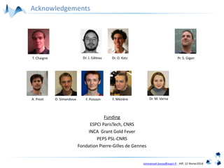 emmanuel.bossy@espci.fr , IHP, 12 février2014
Acknowledgements
O. SimandouxA. Prost F. Poisson F. Mézière
T. Chaigne Dr. J. Gâteau Dr. O. Katz Pr. S. Gigan
Funding
ESPCI ParisTech, CNRS
INCA Grant Gold Fever
PEPS PSL-CNRS
Fondation Pierre-Gilles de Gennes
Dr. M. Varna
 