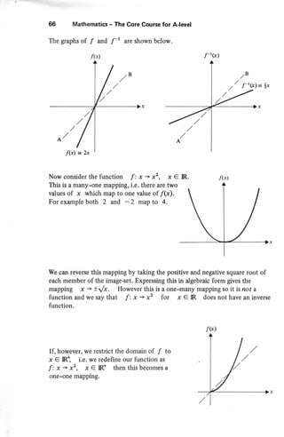 f(x)
66 Mathematics - The Core Course for A-leyel
The graphs of f and f-r are shown below.
Now consider the function f: x + x2, x e
This is a many-one mapping, i.e. there are two
values of x which map to one value of /(x).
For example both 2 and -2 map to 4.
IR. f(x)
We can reyerse this mapping by taking the positive and negative square root of
each member of the image-set. Expressing this in algebraic form gives the
mapping y + *t/x. However this is a one-m arry mapping so it is not a
function and we say that f : x * x2 for x e IR does not have an inverse
function.
If, however, we restrict the domain of f to
x e R*, i.e. we redefine our function as
f : x + x2, x e IR+ then this becomes a
one-one mapping.
f -'(x)
f (x)
 