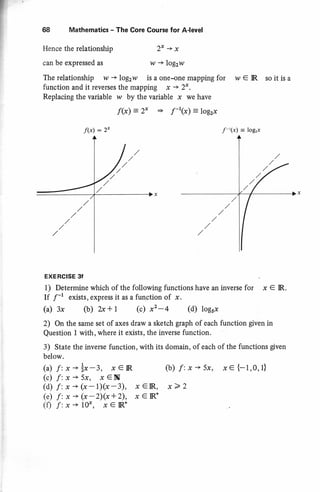 68 Matfiematics - The Core Course for A-level
Hence the relationship
can be expressed as
2x+x
w + log2w
The relationship w + log2w is a one-one mapping for rar e IR so it is a
function and it reverses the mapping x + 2x.
Replacing the variable w by the variable x we have
f(x)=2x + f"(x)=lagzx
EXE RCTSE 3f ,
l) Determine which of the following functions have an inverse for x € IR.
If f-r exists, express it as a fun-ction of x.
(a) 3x (b) ?x + t (c) x2 4 (d) 1og5x
2) On the same set of ixes draw a sketch graph of each function given in
Question I with, where it exists, the inverse function.
3) State the inverse function, with its domaitr, of each of the functions given
below.
(a) f:x**x-3, x€lR (b) f:x+5x, xe{-t,0,1}
(c) f:x-+5x, xeN
(d) f:x*(x-1)(x-3), xcIR, x22
(e) f:x*(x-2)(x*2), xe IR*
(0 f:x+ 10*, x€lR*
f(x) : 2x f-'(x) : logr,
 