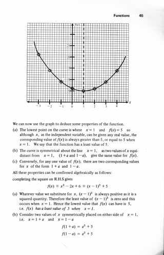 Fulrsti(xts tt
We can now use the graph to deduce some properties of the function.
(u) The lowest point on the curve is where x : I and f(x) - 5 so
although x, as the independent variable, can be given any real value, the
corresponding value of/(x) is always greater than 5, or equal to 5 when
x : I . We say that the function has a least value of 5.
(b) The curve is symmetrical about the line x : l, as two values of x equi-
distant from x: l, (1 + a and l-a), 8tve the same value for f(x).
(c) Conversely, for any one value of /(x), there are two corresponding values
for x of theform l*a and l-a.
All these properties can be confirmed algebraically as follows:
completing the square on R.H.S gives
f(x) - x2 - bc + 6 - (x - l)' + 5
(a) Mhatever value we substitute for x, (x - l)' is always positive as it is a
squared quantity. Therefore the least value of (, - 1)' is zero and this
occurs when x : I . Hence the lowest value that f(x) can have is 5,
i.e. f(x) has a least value of 5 whery x : I .
(b) Consider two values of x symmetrically placed on either side of x : l,
i.e. x:l*a and x:l-a
f(l+a)- a2+5
 