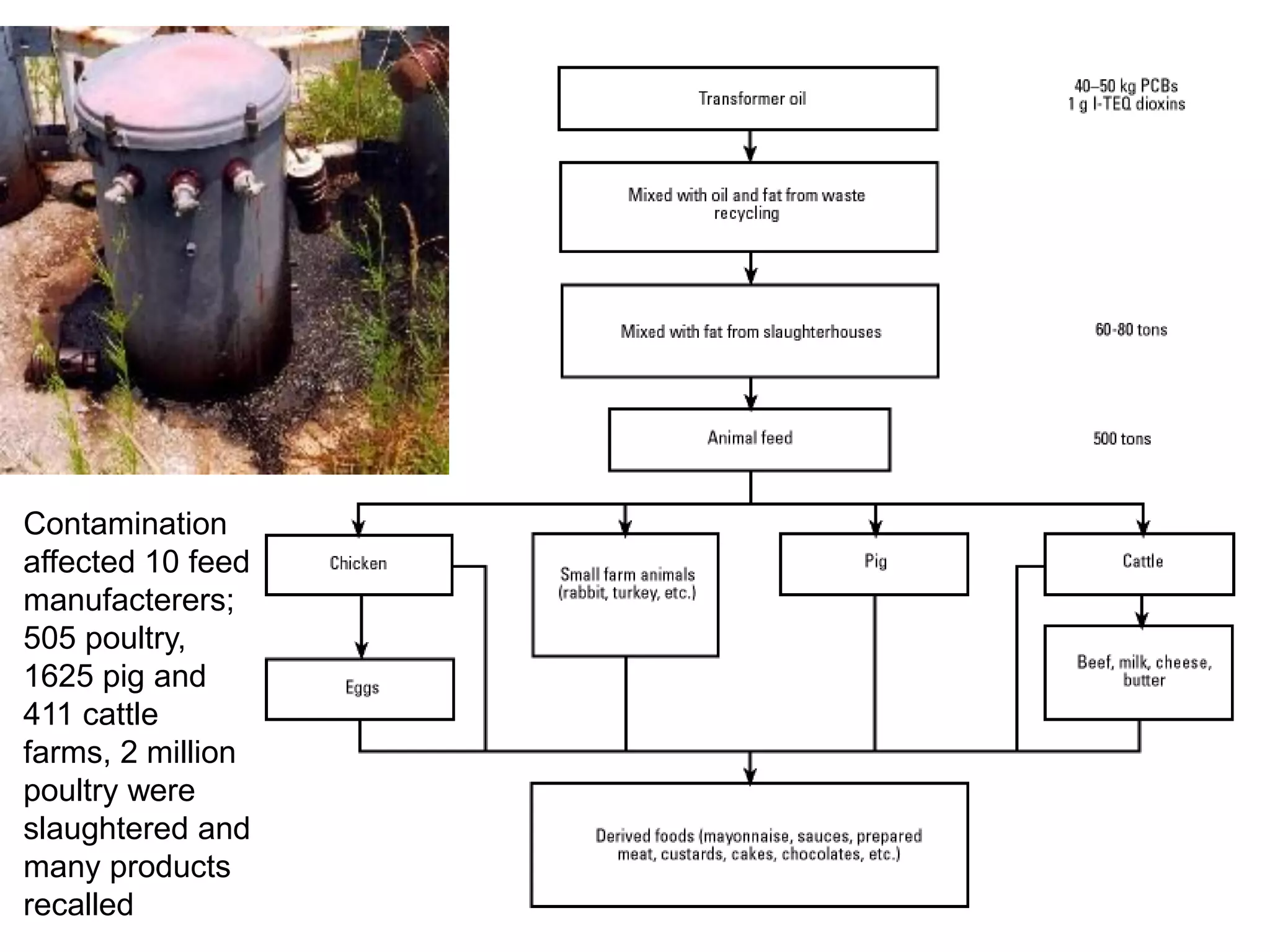 Contamination
affected 10 feed
manufacterers;
505 poultry,
1625 pig and
411 cattle
farms, 2 million
poultry were
slaughtered and
many products
recalled
 