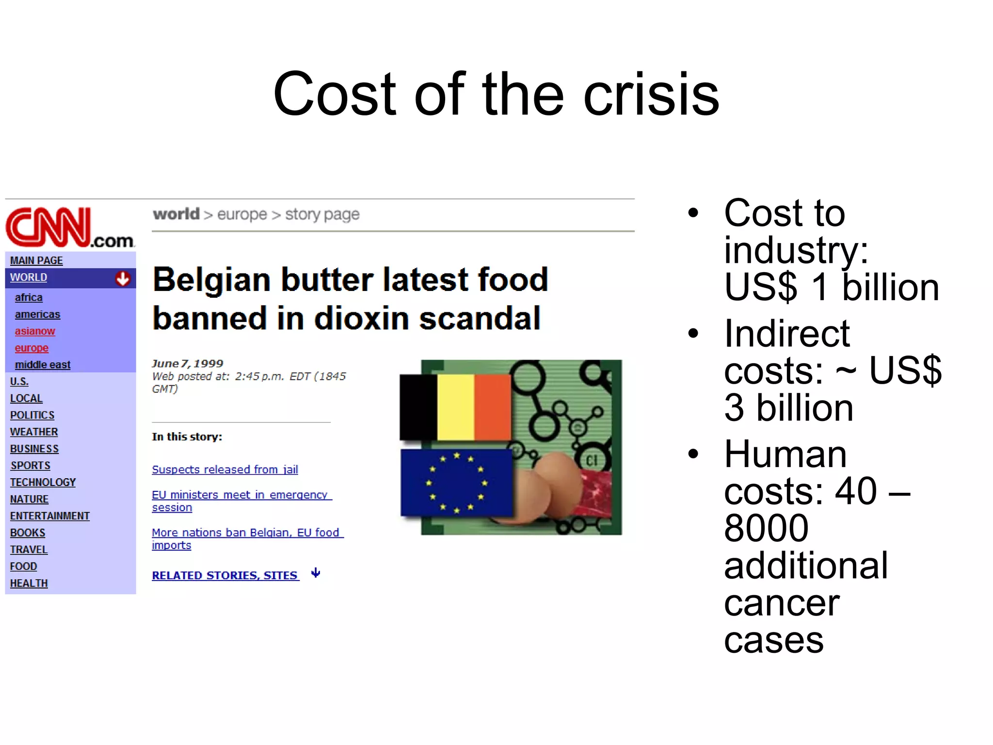 Cost of the crisis
• Cost to
industry:
US$ 1 billion
• Indirect
costs: ~ US$
3 billion
• Human
costs: 40 –
8000
additional
cancer
cases
 