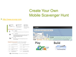 EXAMPLE: Mobile Podcasting Project:  Field TripsHigh School Chemistry Students on a field trip at Cranbrook Science Museum in MI. Cell Phones pictures documented chemical elements.Used:  Camera on cell phone and sent to drop.io at http://drop.io/CKCHEM4
