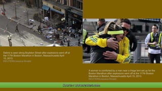 Debris is seen along Boylston Street after explosions went off at
the 117th Boston Marathon in Boston, Massachusetts April
15, 2013.
REUTERS/Jessica Rinaldi
A woman is comforted by a man near a triage tent set up for the
Boston Marathon after explosions went off at the 117th Boston
Marathon in Boston, Massachusetts April 15, 2013.
REUTERS/Jessica Rinaldi
April 24, 2013 35
 