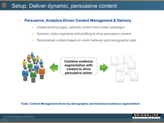 Persuasive, Analytics-Driven Content Management & Delivery Create landing pages, optimize content and create campaigns Dynamic visitor segments and profiling to drive persuasive content Personalized content based on visitor behavior and demographic data Tools: Content Management driven by demographic and behavioral audience segmentation Setup: Deliver dynamic, persuasive content Combine audience segmentation with content to drive persuasive action 
