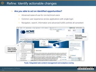 Are you able to act on identified opportunities? Advanced ease-of-use for non-technical users Common user experience across applications with single login Navigation, search, information and advanced AJAX controls all consistent  Click density within content management Actionable segment behavior information Refine: Identify actionable changes Tools: Integrated web content management and analytics overlay 