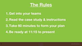 The Rules
41
1.Get into your teams
2.Read the case study & instructions
3.Take 60 minutes to form your plan
4.Be ready at 11:15 to present
 