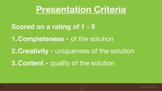 Presentation Criteria
43
Scored on a rating of 1 - 5
1.Completeness - of the solution
2.Creativity - uniqueness of the solution
3.Content - quality of the solution
 