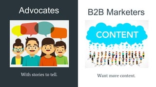 Advocates
With stories to tell. Want more content.
B2B Marketers
 