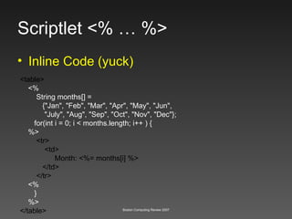 Scriptlet <% … %> Inline Code (yuck) <table> <% String months[] =  {"Jan", "Feb", "Mar", "Apr", "May", "Jun",  "July", "Aug", "Sep", "Oct", "Nov", "Dec"}; for(int i = 0; i < months.length; i++ ) { %> <tr> <td>  Month: <%= months[i] %> </td> </tr>  <% } %> </table> 