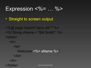 Expression <%= … %> <%@ page import="java.util.*" %> <%! String sName = "Bill Smith"; %> <table> <tr> <td> Welcome  <%= sName %> ! </td> </tr> </table> Straight to screen output 