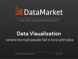 F I N D A N D U N D E R S TA N D D ATA




         Data Visualization
- where (normal) people fall in love with data


       Boston Data Visualization Meetup       April 5, 2012
 
