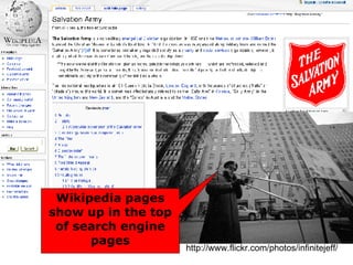 Wikipedia pages show up in the top of search engine pages http://www.flickr.com/photos/infinitejeff/ 