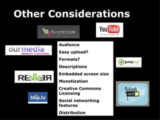 Other Considerations Audience Easy upload? Formats? Descriptions Embedded screen size Monetization Creative Commons Licensing Social networking features Distribution 