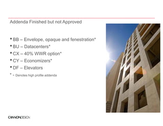Addenda Finished but not Approved


• BB – Envelope, opaque and fenestration*
• BU – Datacenters*
       Datacenters
• CX – 40% WWR option*
• CY – Economizers*
• DF – Elevators
* - Denotes high profile addenda
 