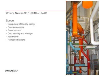 What’s New in 90.1-2010 – HVAC

Scope
-   Equipment efficiency ratings
-   Energy recovery
-   Economizers
-   Duct sealing and leakage
-   Fan Power
-   Reheat limitations
 