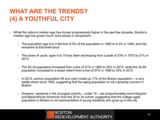 WHAT ARE THE TRENDS?
(4) A YOUTHFUL CITY
 While the nation’s median age has moved progressively higher in the past few decades, Boston’s
median age has grown much more slowly in comparison:
 The population age 0 to 4 fell from 9.5% of the population in 1960 to 5.3% in 1980, and has
remained at that level since
 The share of youth, ages 0 to 19 has been decreasing from a peak of 33% in 1970 to 21% in
2013
 The 20-34 population increased from a low of 21% in 1960 to 34% in 2013, while the 35-64
population increased to a lesser extent from a low of 27% in 1980 to 33% in 2010
 In 2013, seniors (population 65 and over) made up 11% of the Boston population – a very
stable share since 1950, suggesting that the aging population is not a growing concern in
Boston
 However, residents in the youngest cohorts – under 19 – are proportionately more Hispanic
and Black/African-American than the 20 to 34 cohort, suggesting that the college-aged
population in Boston is not representative of young residents who grow up in the city
10
 