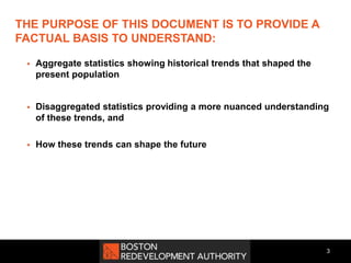 THE PURPOSE OF THIS DOCUMENT IS TO PROVIDE A
FACTUAL BASIS TO UNDERSTAND:
 Aggregate statistics showing historical trends that shaped the
present population
 Disaggregated statistics providing a more nuanced understanding
of these trends, and
 How these trends can shape the future
3
 