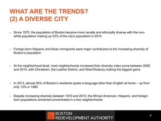 WHAT ARE THE TRENDS?
(2) A DIVERSE CITY
 Since 1970, the population of Boston became more racially and ethnically diverse with the non-
white population making up 53% of the city’s population in 2010
 Foreign-born Hispanic and Asian immigrants were major contributors to the increasing diversity of
Boston’s population
 At the neighborhood level, most neighborhoods increased their diversity index score between 2000
and 2010, with Chinatown, the Leather District, and West Roxbury making the biggest gains
 In 2013, almost 36% of Boston’s residents spoke a language other than English at home – up from
only 13% in 1980
 Despite increasing diversity between 1970 and 2010, the African American, Hispanic, and foreign-
born populations remained concentrated in a few neighborhoods
8
 