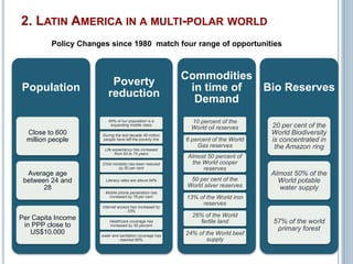 2. LATIN AMERICA IN A MULTI-POLAR WORLD 
Policy Changes since 1980 match four range of opportunities 
Population 
Close to 600 
million people 
Average age 
between 24 and 
28 
Per Capita Income 
in PPP close to 
US$10.000 
Poverty 
reduction 
64% of our population is a 
expanding middle class 
During the last decade 40 million 
people have left the poverty line 
Life expectancy has increased 
from 65 to 75 years 
Child mortality has been reduced 
by 50 per cent 
Literacy rates are above 94% 
Mobile phone penetration has 
increased by 78 per cent 
Internet access has increased by 
33% 
Healthcare coverage has 
increased by 50 percent 
water and sanitation coverage has 
reached 80% 
Commodities 
in time of 
Demand 
10 percent of the 
World oil reserves 
6 percent of the World 
Gas reserves 
Almost 50 percent of 
the World cooper 
reserves 
50 per cent of the 
World silver reserves 
13% of the World iron 
reserves 
26% of the World 
fertile land 
24% of the World beef 
supply 
Bio Reserves 
20 per cent of the 
World Biodiversity 
is concentrated in 
the Amazon ring 
Almost 50% of the 
World potable 
water supply 
57% of the world 
primary forest 
 