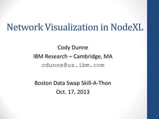 Network Visualization in NodeXL
Cody Dunne
IBM Research – Cambridge, MA
cdunne@us.ibm.com
Boston Data Swap Skill-A-Thon
Oct. 17, 2013

1

 