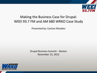 Making the Business Case for Drupal:
WEEI 93.7 FM and AM 680 WRKO Case Study
          Presented by: Carlson Mozdiez




         Drupal Business Summit – Boston
               November 15, 2012
 