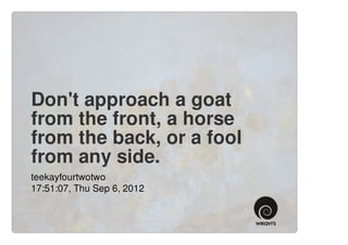 Don't approach a goat
from the front, a horse
from the back, or a fool
from any side.
teekayfourtwotwo
17:51:07, Thu Sep 6, 2012
 